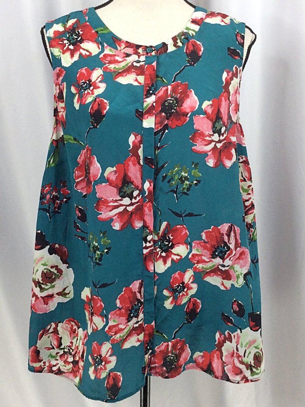 Lucky Brand 100% Silk Floral Tunic Tank Top Women's Plus Size 2X Teal High Neck - Picture 1 of 8